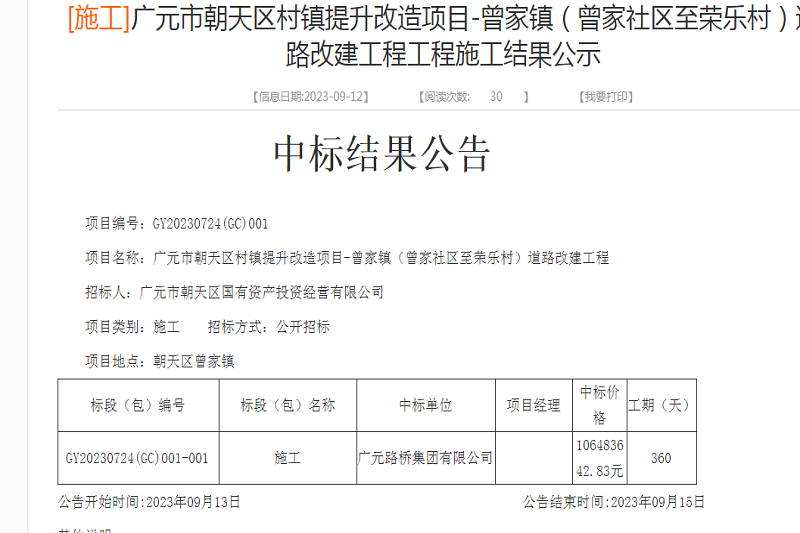 喜報:路橋集團中標廣元市朝天區村鎮提升改造項目-曾家鎮(曾家社區至榮樂村)道路改建工程